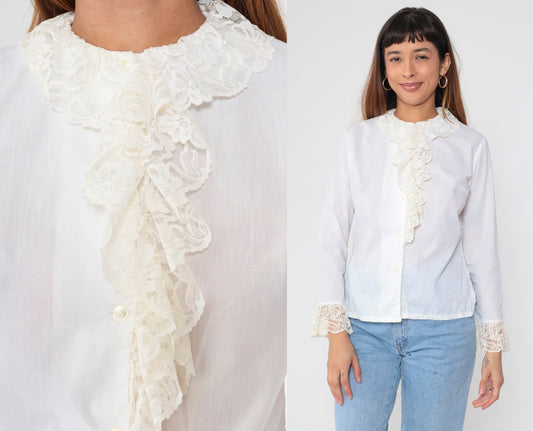 70s White Lace Ruffled Blouse Button-Up Long Sleeve Tuxedo Shirt Medium