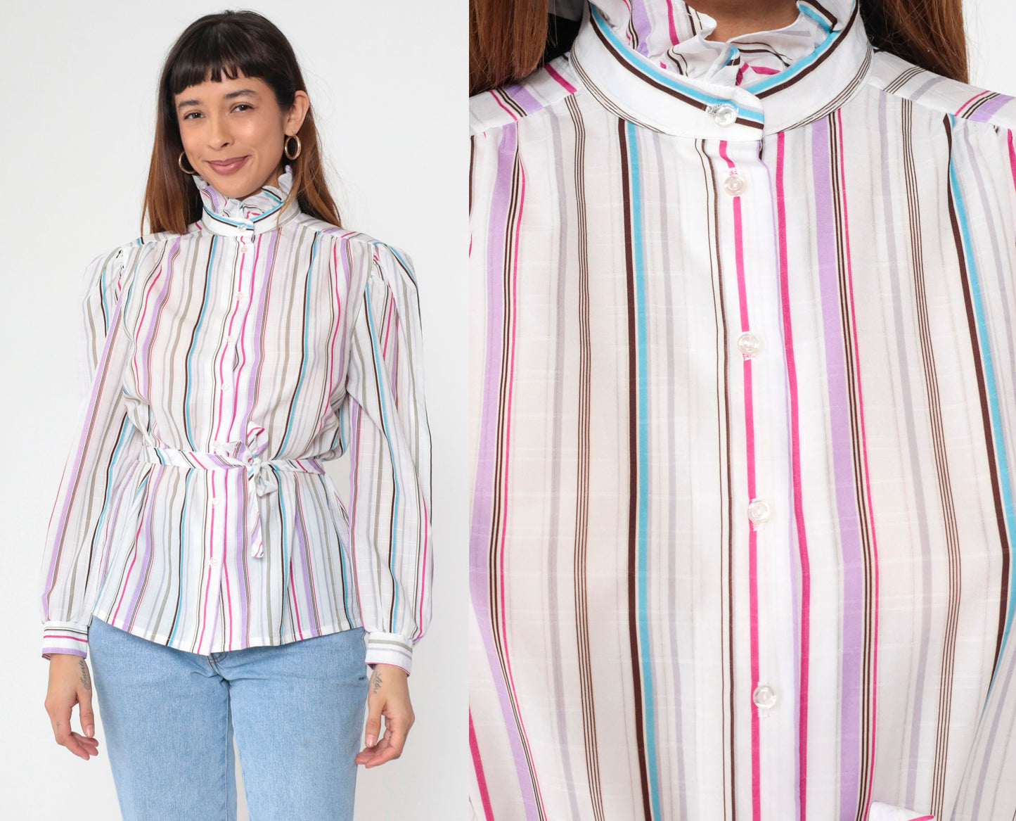 80s Jonquil Striped Button-Up Blouse Puff Sleeve Ruffle Collar Multicolor Large