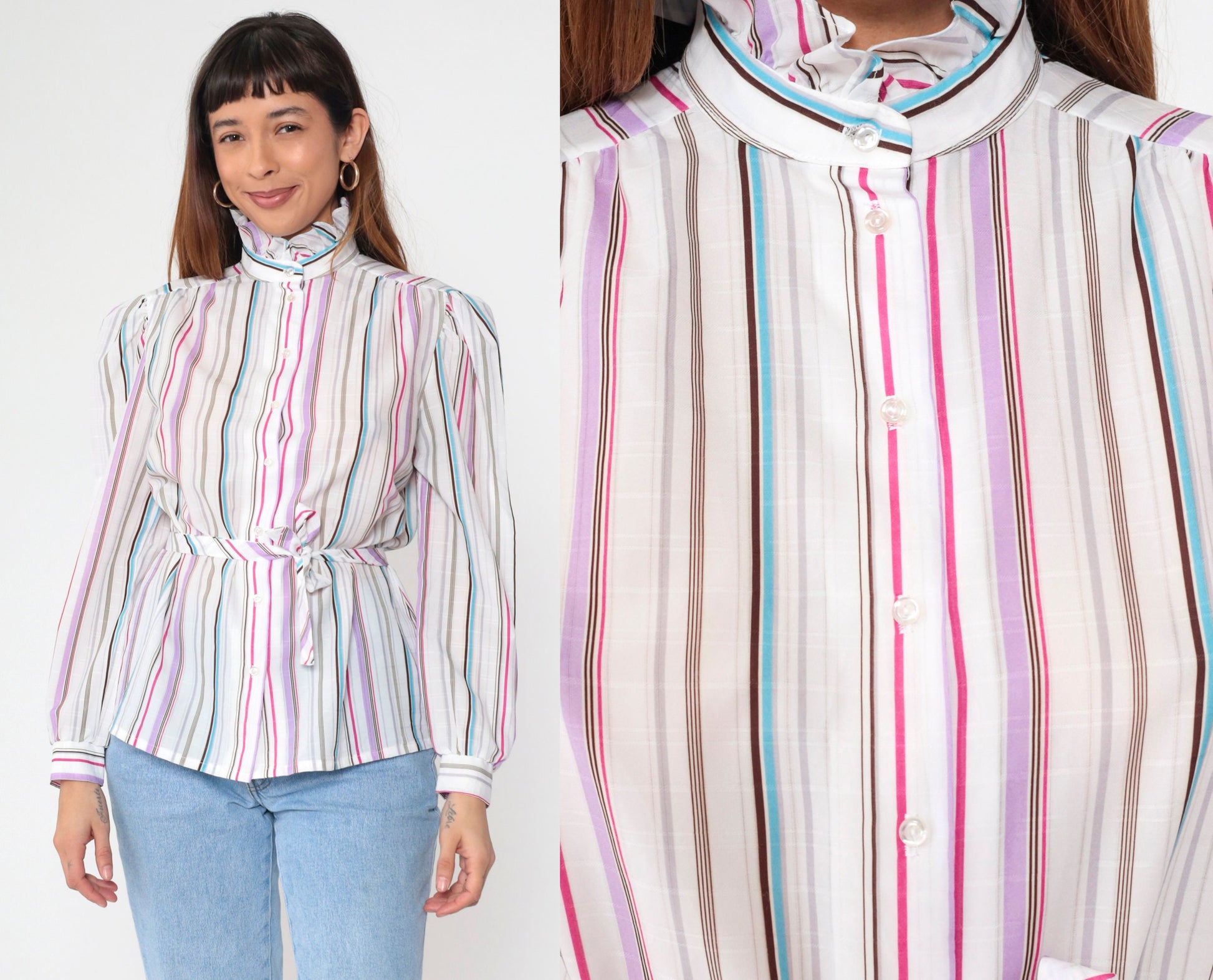 80s Jonquil Striped Button-Up Blouse Puff Sleeve Ruffle Collar Multicolor Large