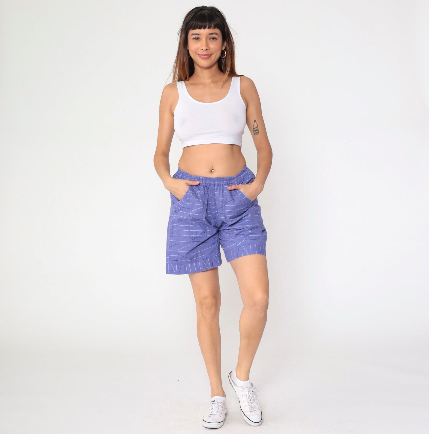 Y2K Purple Striped Shorts Elastic Waist High Rise Cotton Small Medium