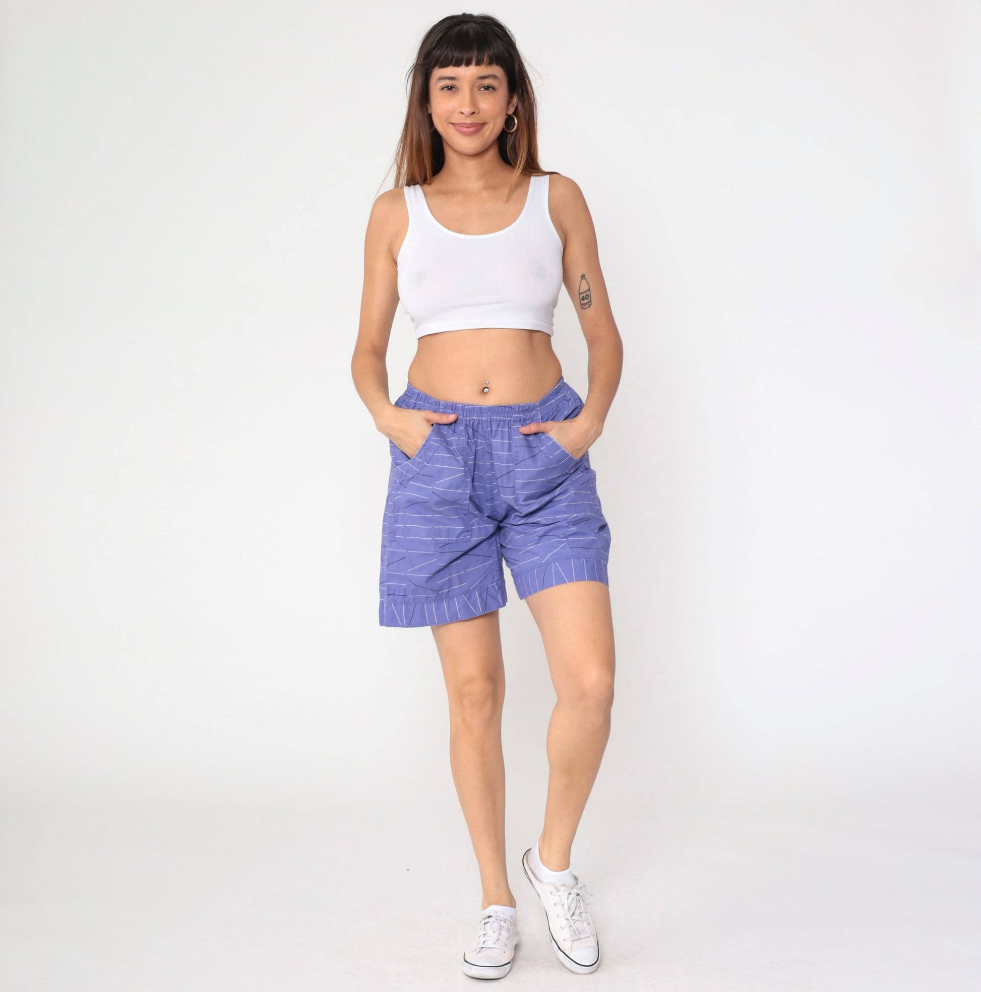 Y2K Purple Striped Shorts Elastic Waist High Rise Cotton Small Medium
