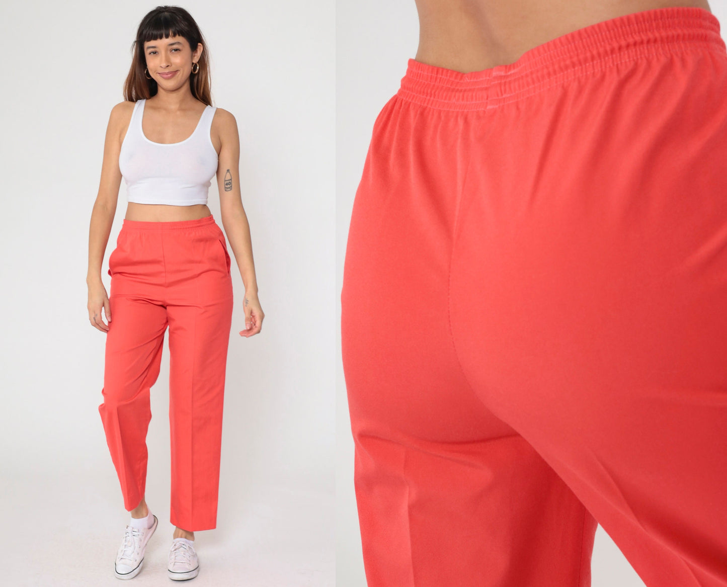 80s Coral Straight Leg Elastic Waist Trousers High Rise Small Medium