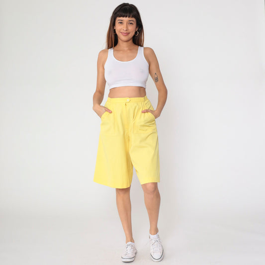80s Koret Yellow High-Waisted Bermuda Shorts Patch Pocket Small Medium