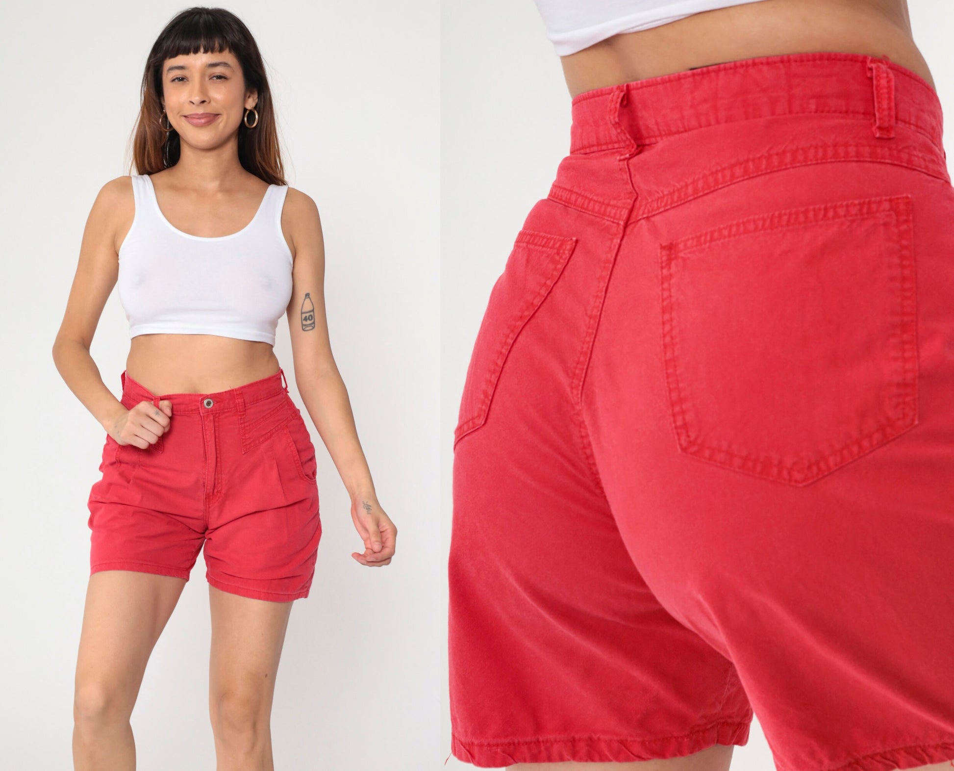 90s Red Pleated High-Waist Shorts Cotton Trouser Small