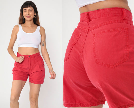 90s Red Pleated High-Waist Shorts Cotton Trouser Small