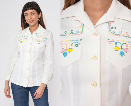 70s Floral Embroidered White Button-Up Blouse Long Sleeve Small