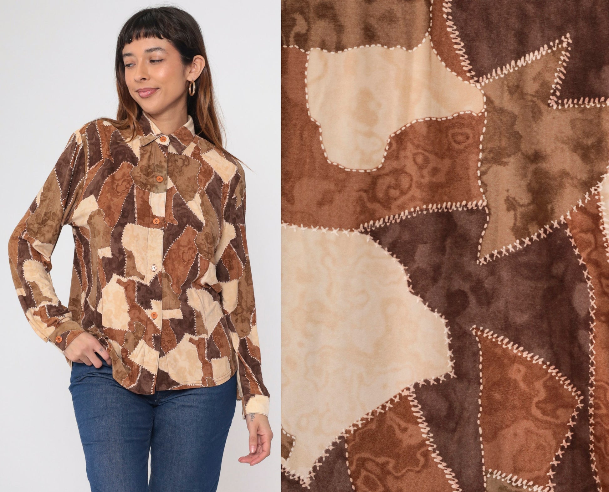 90s Brown Patchwork Button-Up Blouse Long Sleeve Collared Shirt Small S