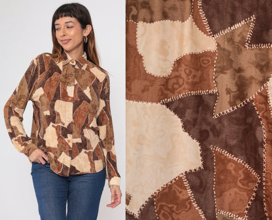 90s Brown Patchwork Button-Up Blouse Long Sleeve Collared Shirt Small S