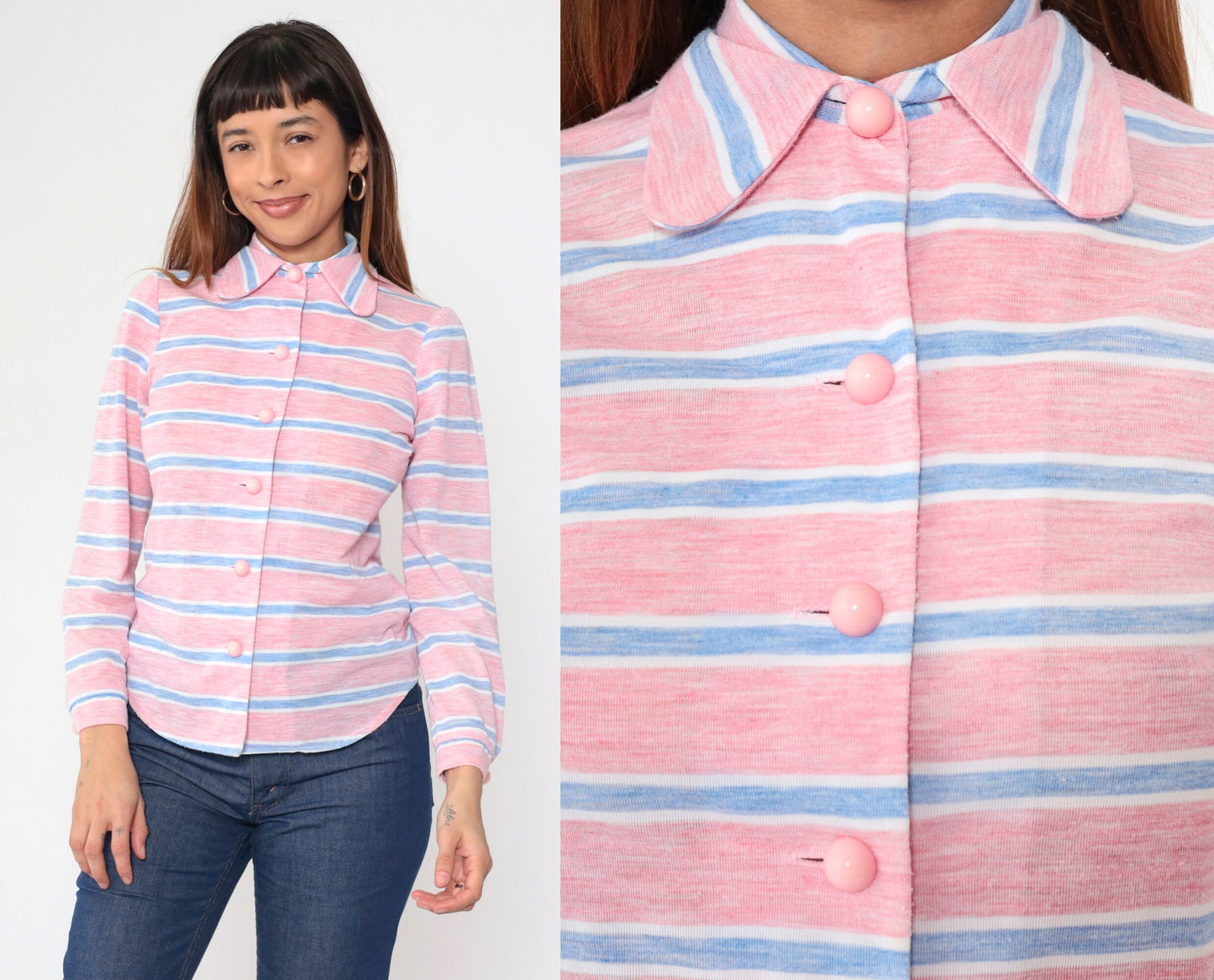 70s Pink Striped Shirt Dog Ear Collar Long Sleeve Button Up Small