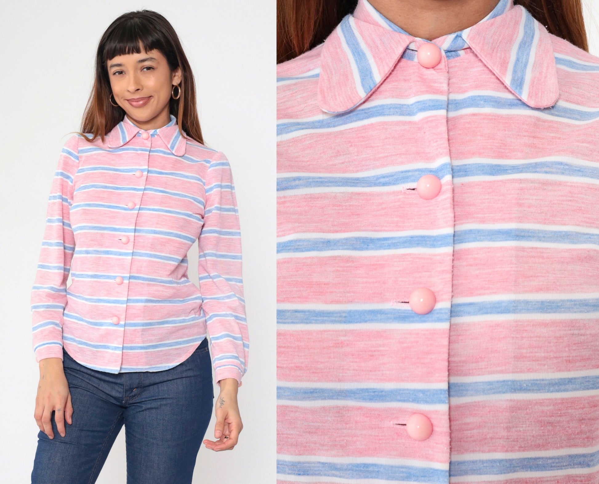 70s Pink Striped Shirt Dog Ear Collar Long Sleeve Button Up Small