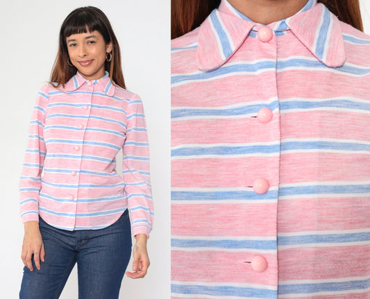 70s Pink Striped Shirt Dog Ear Collar Long Sleeve Button Up Small