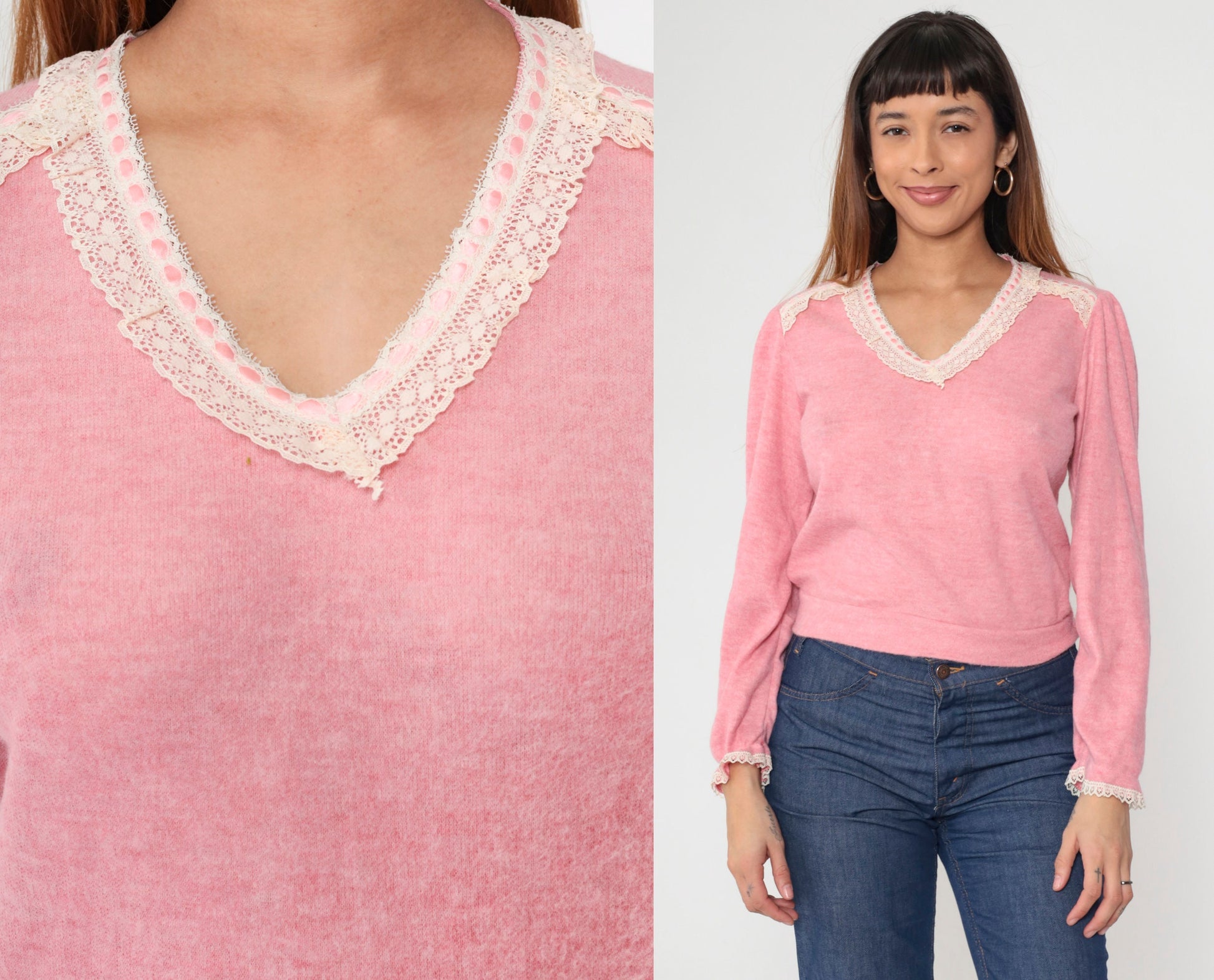 80s Pink Lace Trim V-Neck Sweater Top Long Sleeve Knit Blouse Small
