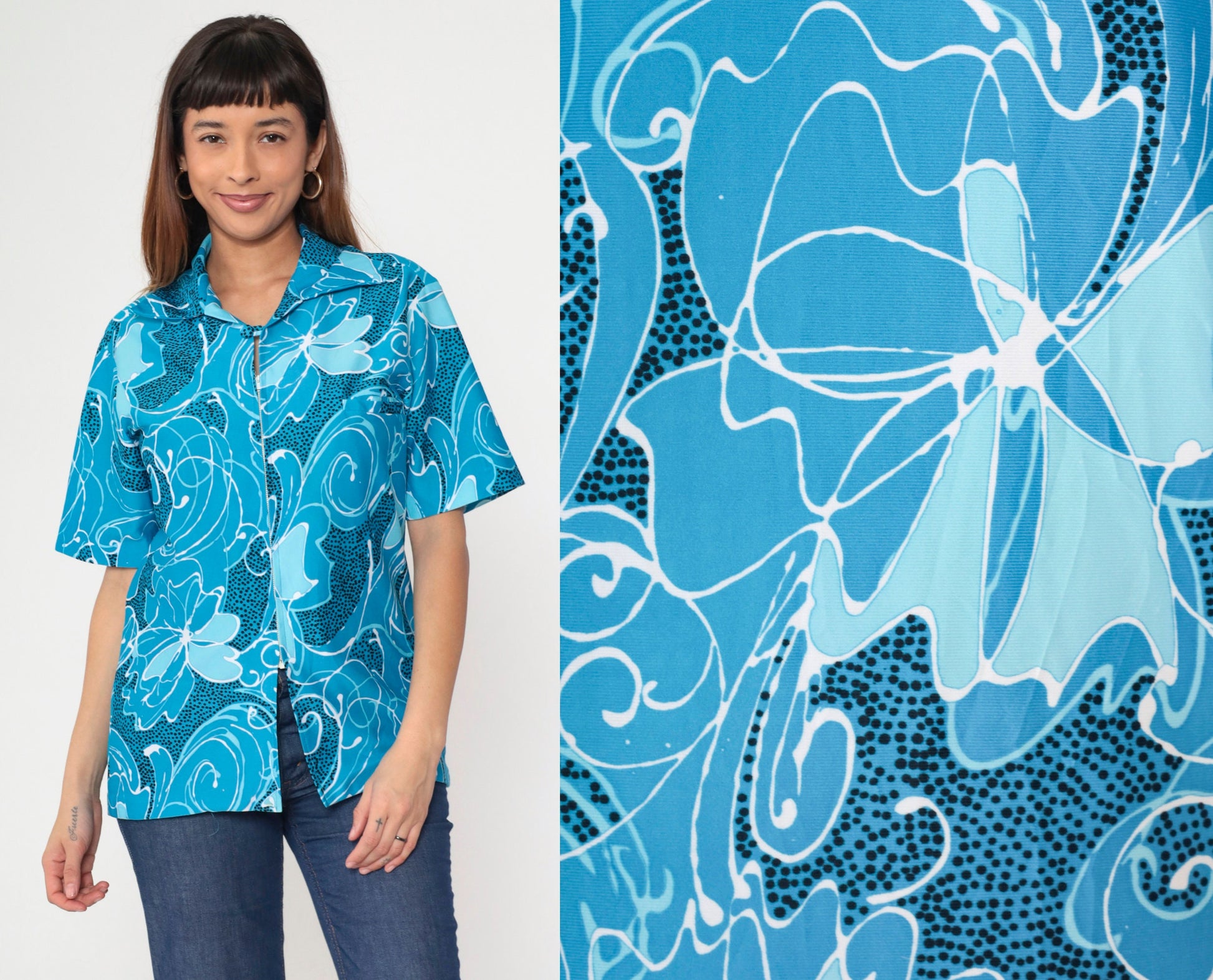 70s Blue Floral Abstract Zip-Up Blouse Short Sleeve Medium Large