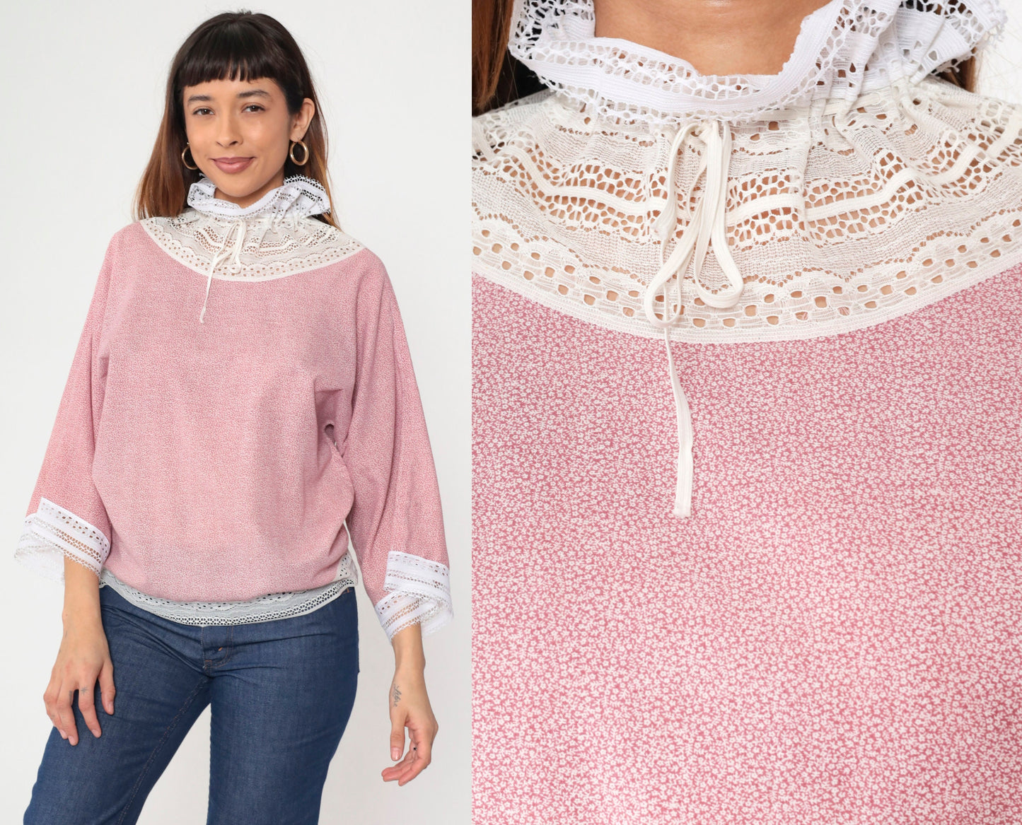 70s Pink Calico Floral Blouse Lace Ruffle Drawstring Neckline Wide Sleeve Medium