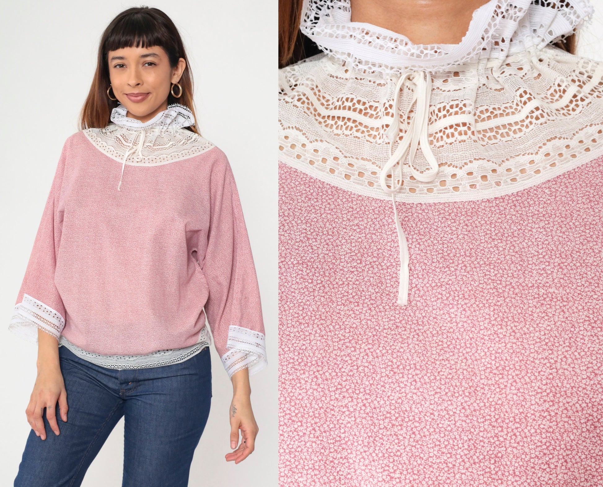 70s Pink Calico Floral Blouse Lace Ruffle Drawstring Neckline Wide Sleeve Medium