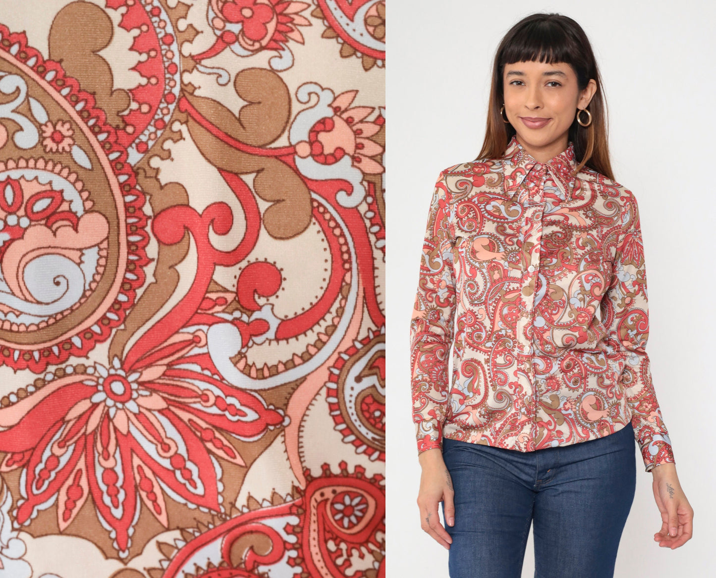 70s Paisley Dagger Collar Blouse Cream Coral Long Sleeve Button Up Small