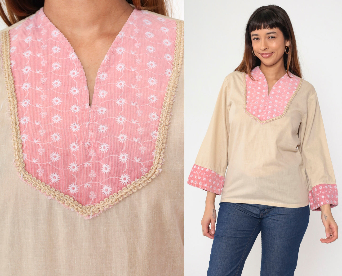 70s Kennington Embroidered Tunic Top Beige Corduroy Floral V-Neck Small