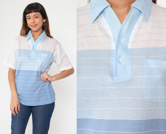 80s Arrow Tournament Striped Polo Shirt Blue White Half Button Medium