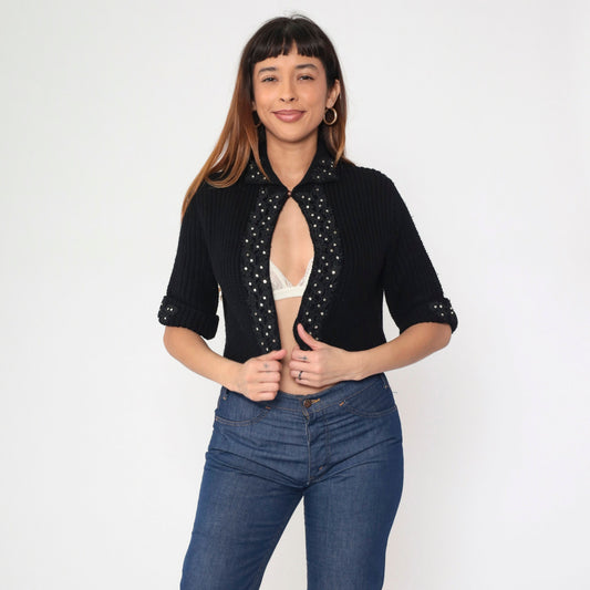 60s Black Rhinestone Lace Cardigan Cropped Ribbed Knit Short Sleeve Medium