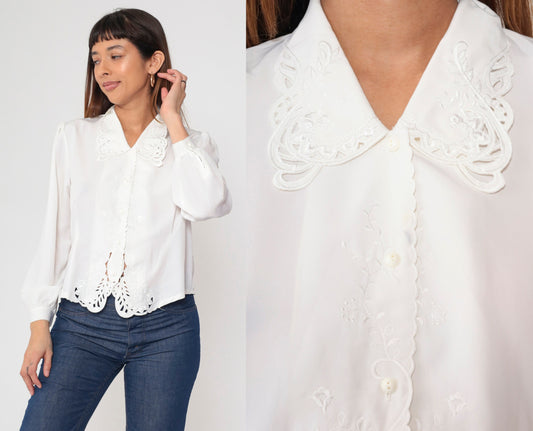 90s White Lace Blouse Paisley Floral Embroidery Cutout Puff Sleeve Button Up Medium