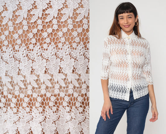 80s White Lace Blouse Peter Pan Collar Button-Up 3/4 Sleeve Small