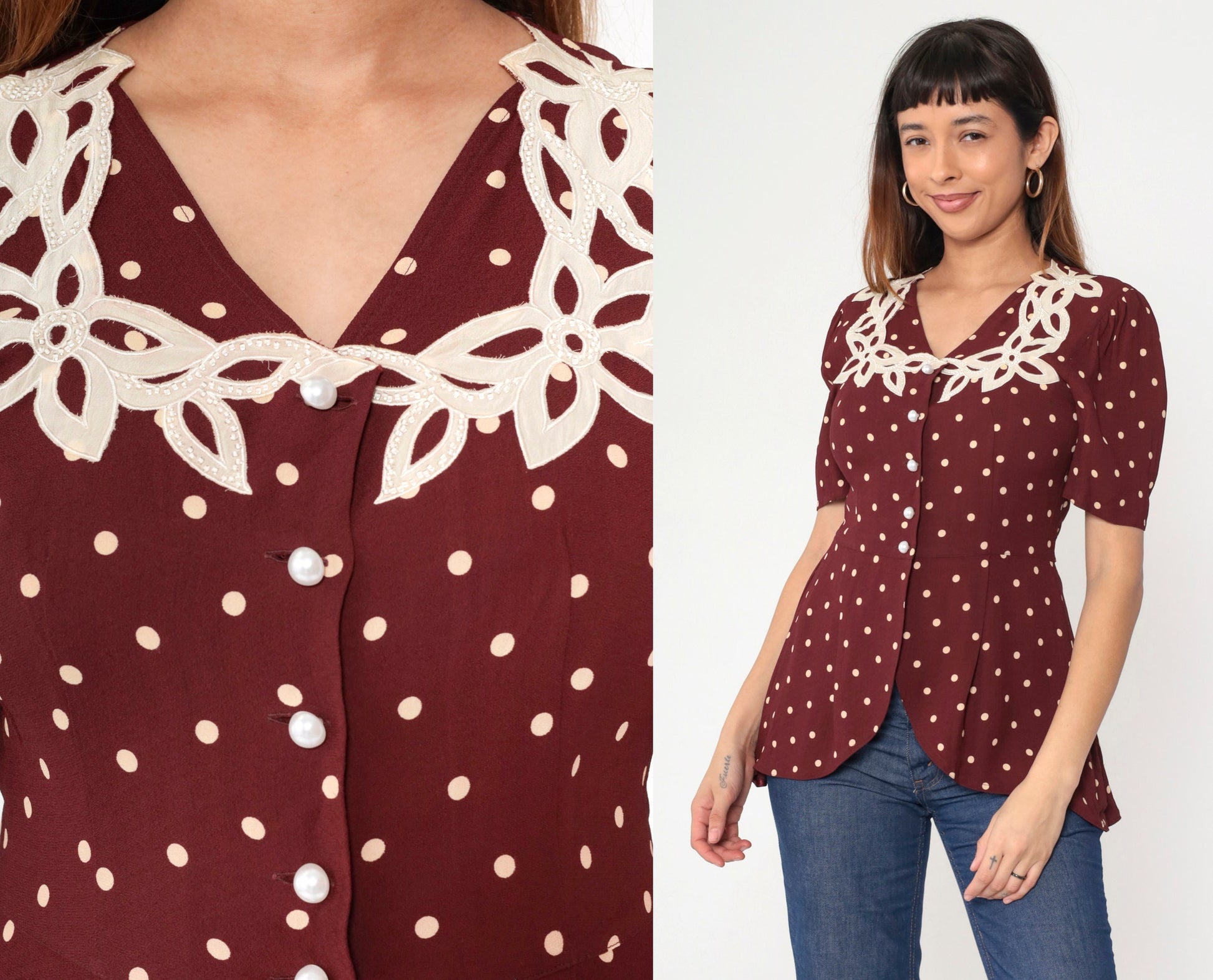 80s Maroon Polka Dot Beaded Floral Button-Up Blouse Puff Sleeve Small S
