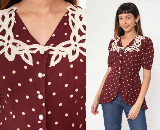 80s Maroon Polka Dot Beaded Floral Button-Up Blouse Puff Sleeve Small S