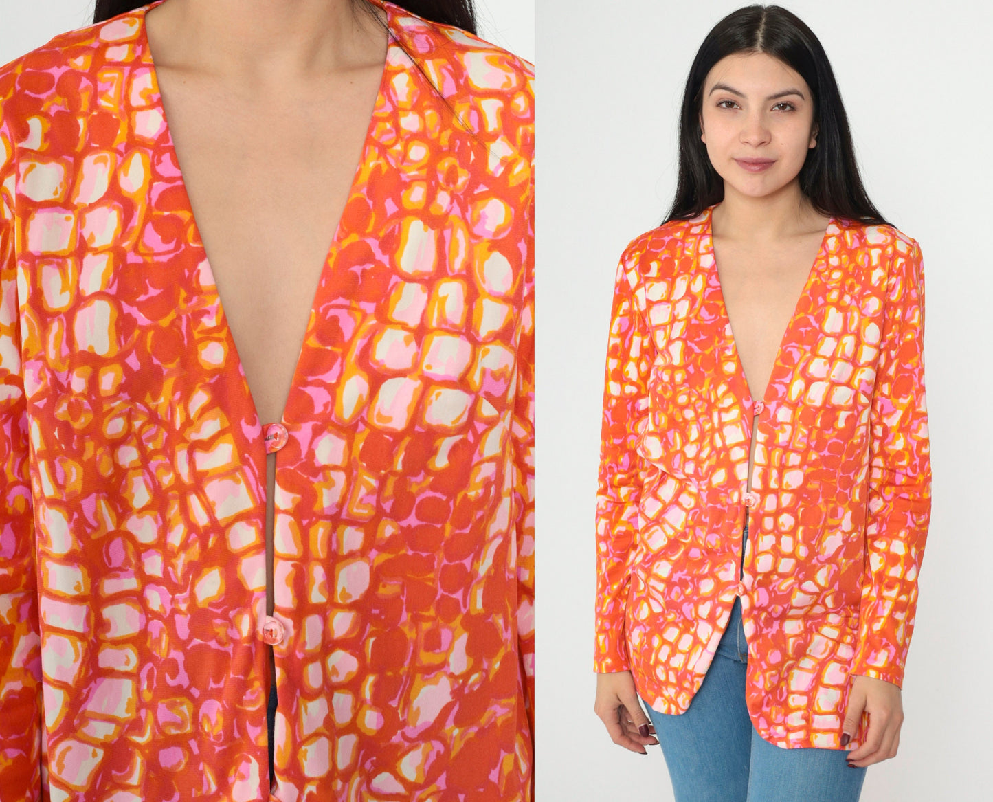 70s Cole of California Psychedelic Geometric Blazer V-Neck Orange Pink Medium