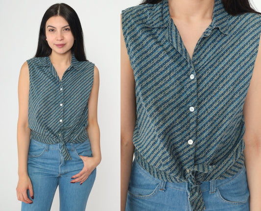 Y2K Blue Paisley Striped Tie-Waist Sleeveless Collared Shirt Cotton Medium
