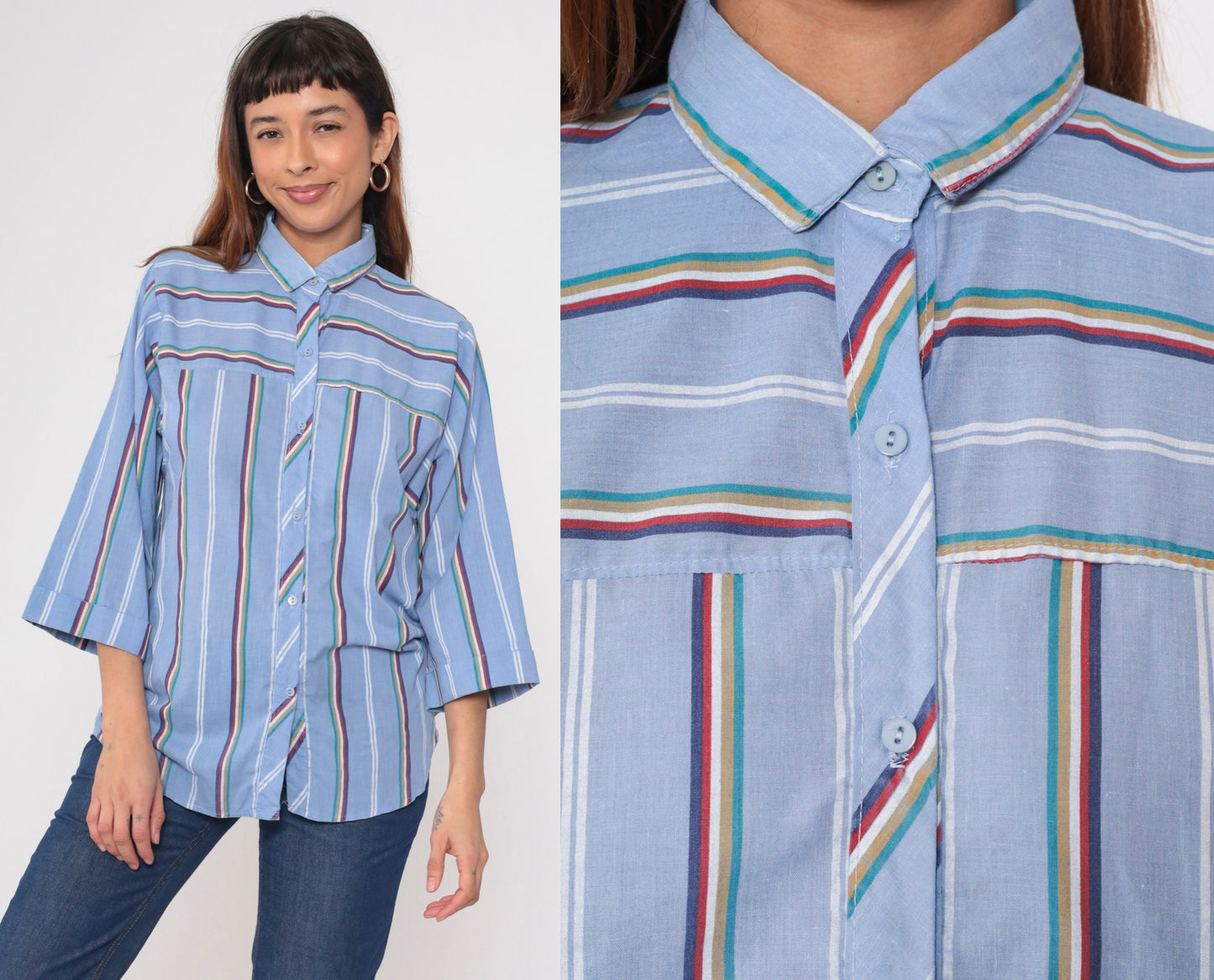 80s Blue Striped Button Up Shirt Multicolored 3/4 Sleeve Blouse Medium Large