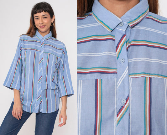 80s Blue Striped Button Up Shirt Multicolored 3/4 Sleeve Blouse Medium Large