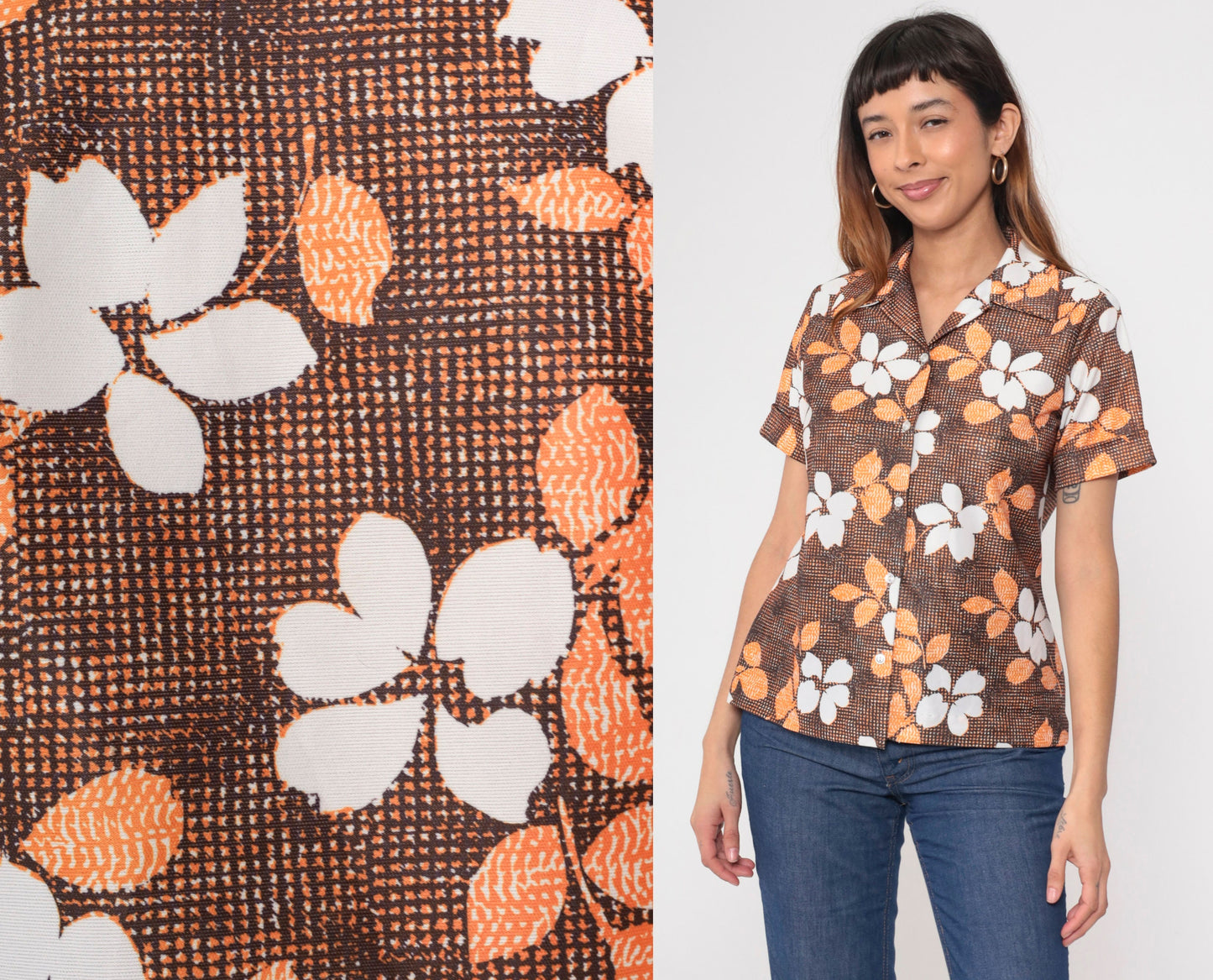 70s Floral Button Up Blouse Brown Orange White Short Sleeve Small Medium