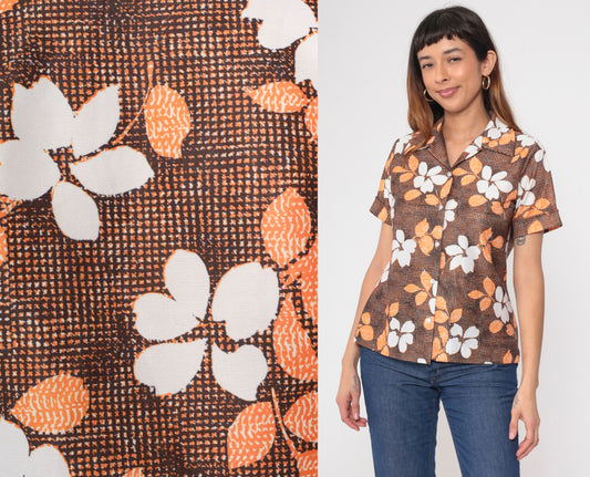 70s Floral Button Up Blouse Brown Orange White Short Sleeve Small Medium