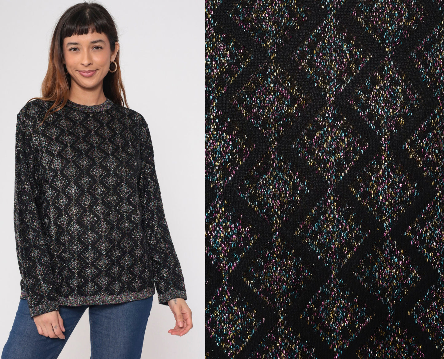 80s Metallic Geometric Sweater Black Pink Blue Lurex Knit Crewneck Medium