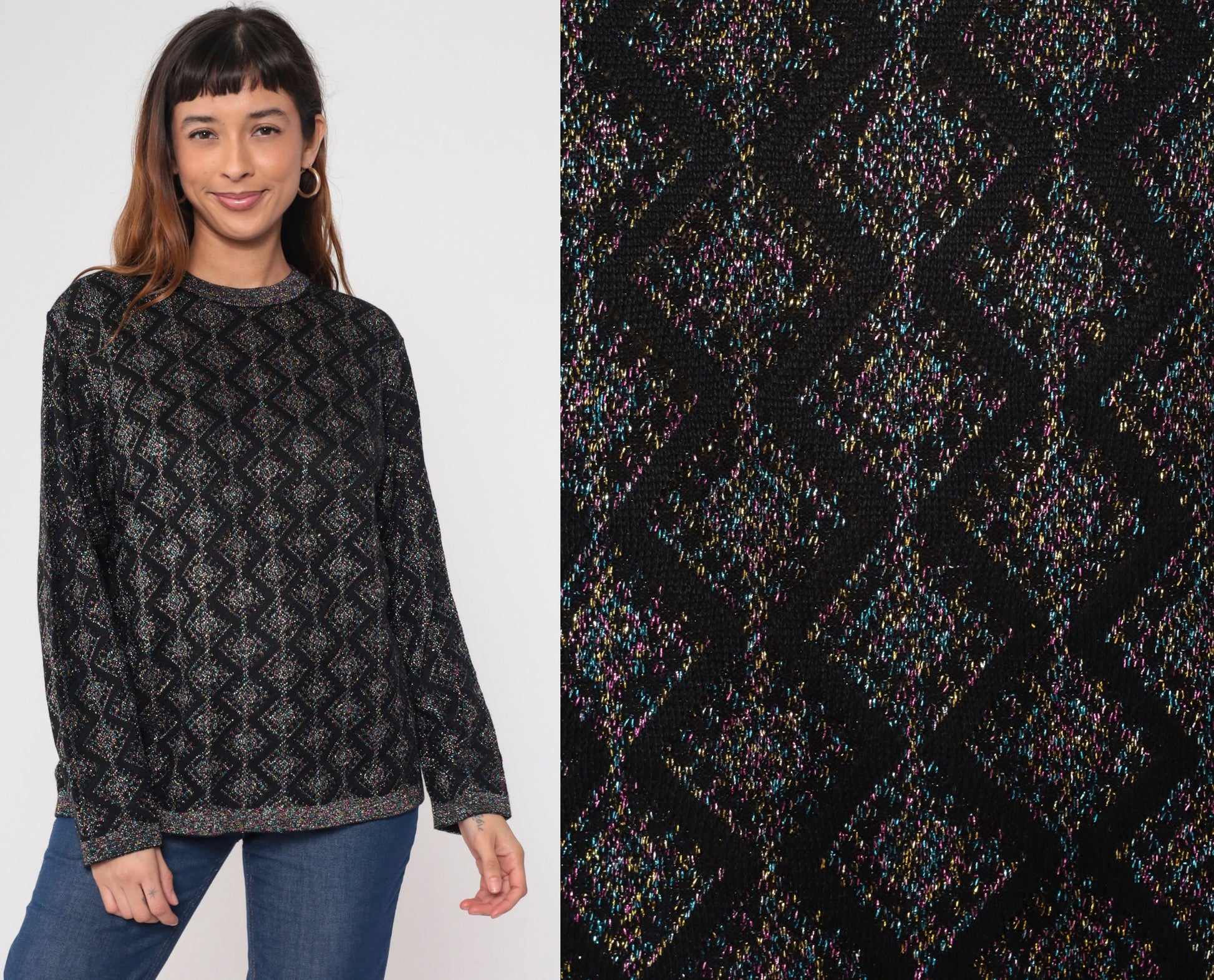 80s Metallic Geometric Sweater Black Pink Blue Lurex Knit Crewneck Medium
