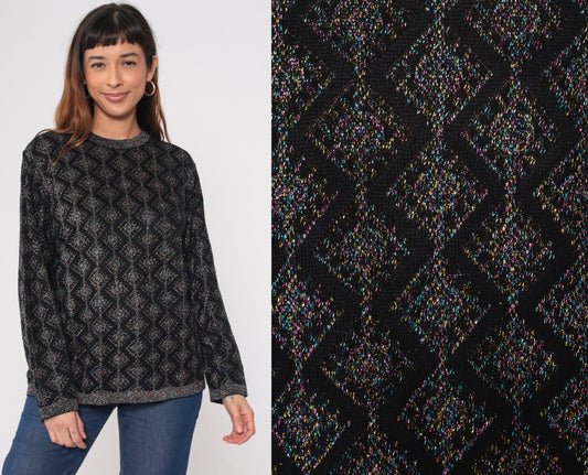 80s Metallic Geometric Sweater Black Pink Blue Lurex Knit Crewneck Medium