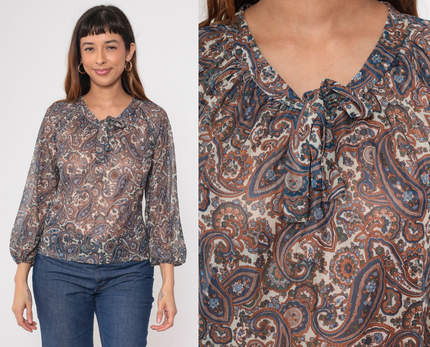 70s Paisley Tie Neck Blouse Sheer Psychedelic Print Orange Blue Small