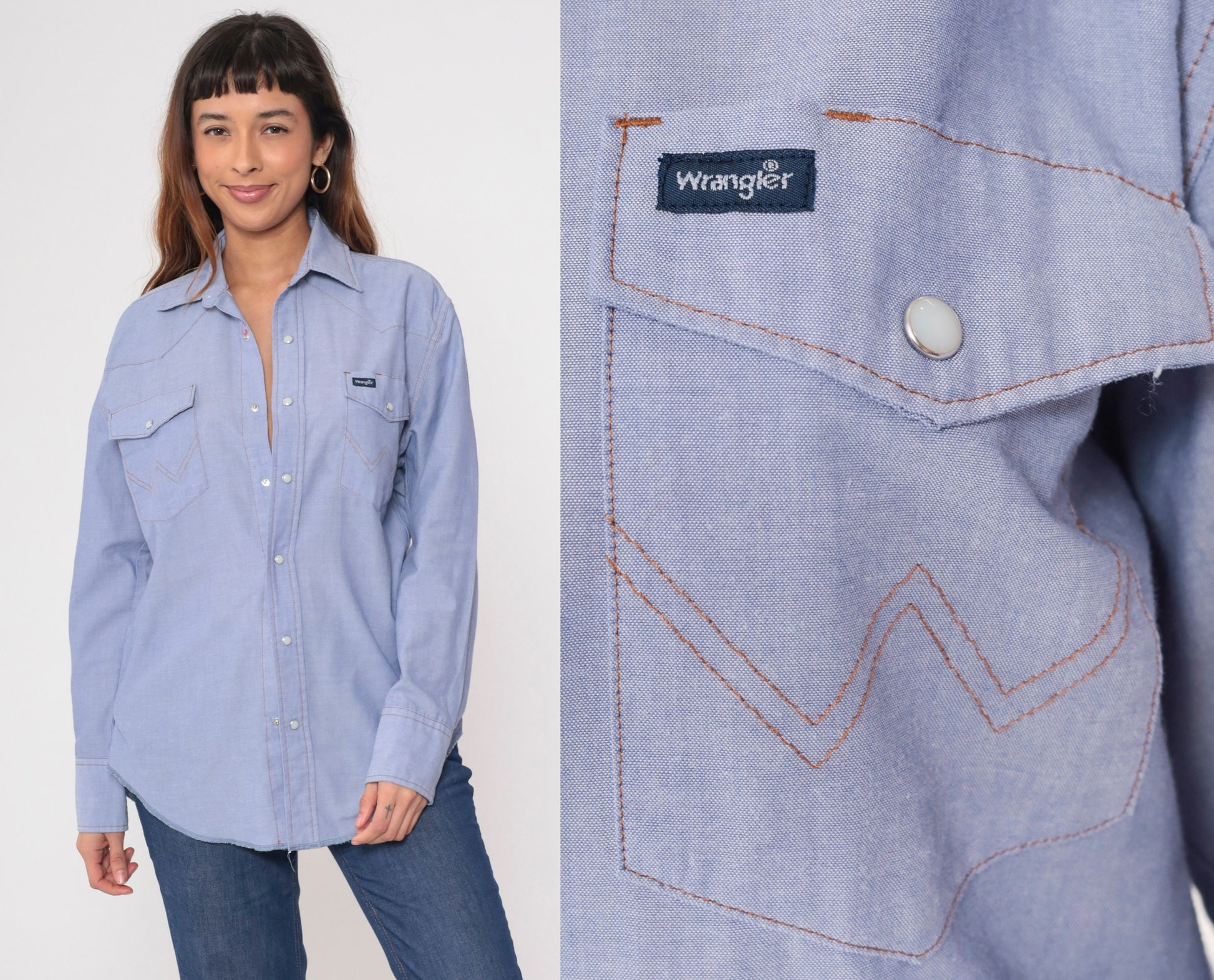 90s Wrangler Chambray Pearl Snap Shirt Blue Denim Long Sleeve Medium