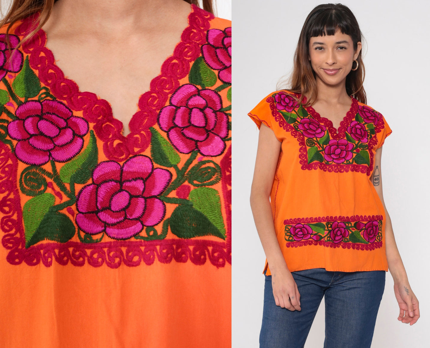 90s Orange Floral Mexican Embroidered Blouse Short Sleeve Cotton Tunic Medium