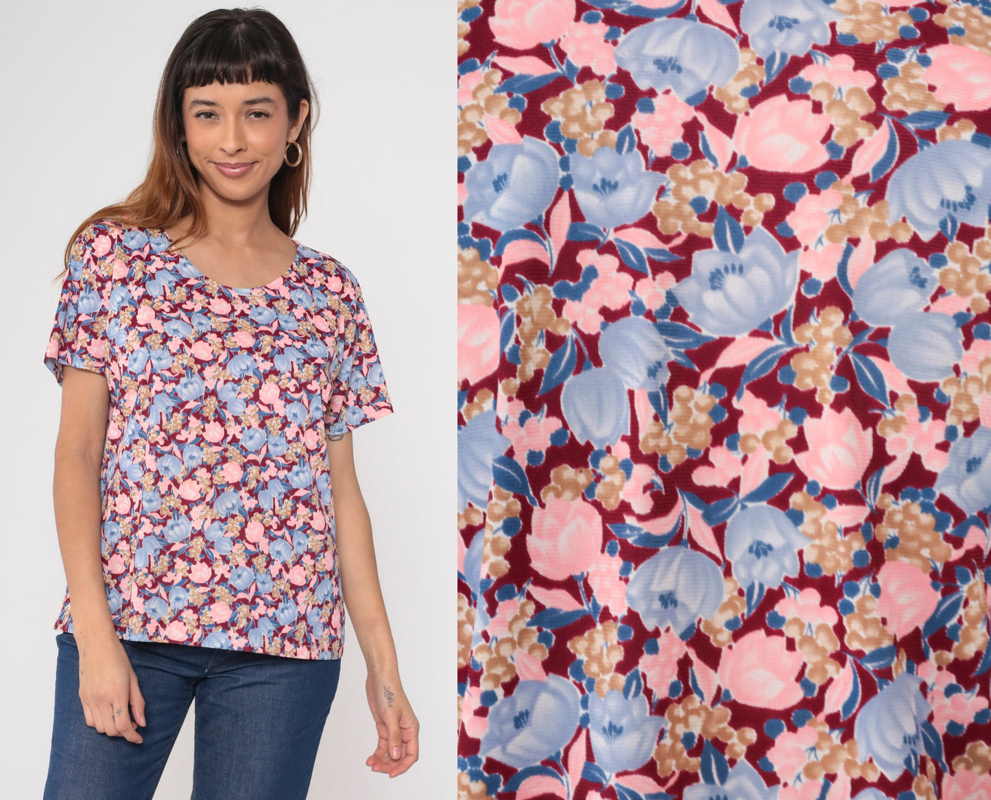 70s Floral Print Blouse Pink Blue Burgundy Short Sleeve Top Large