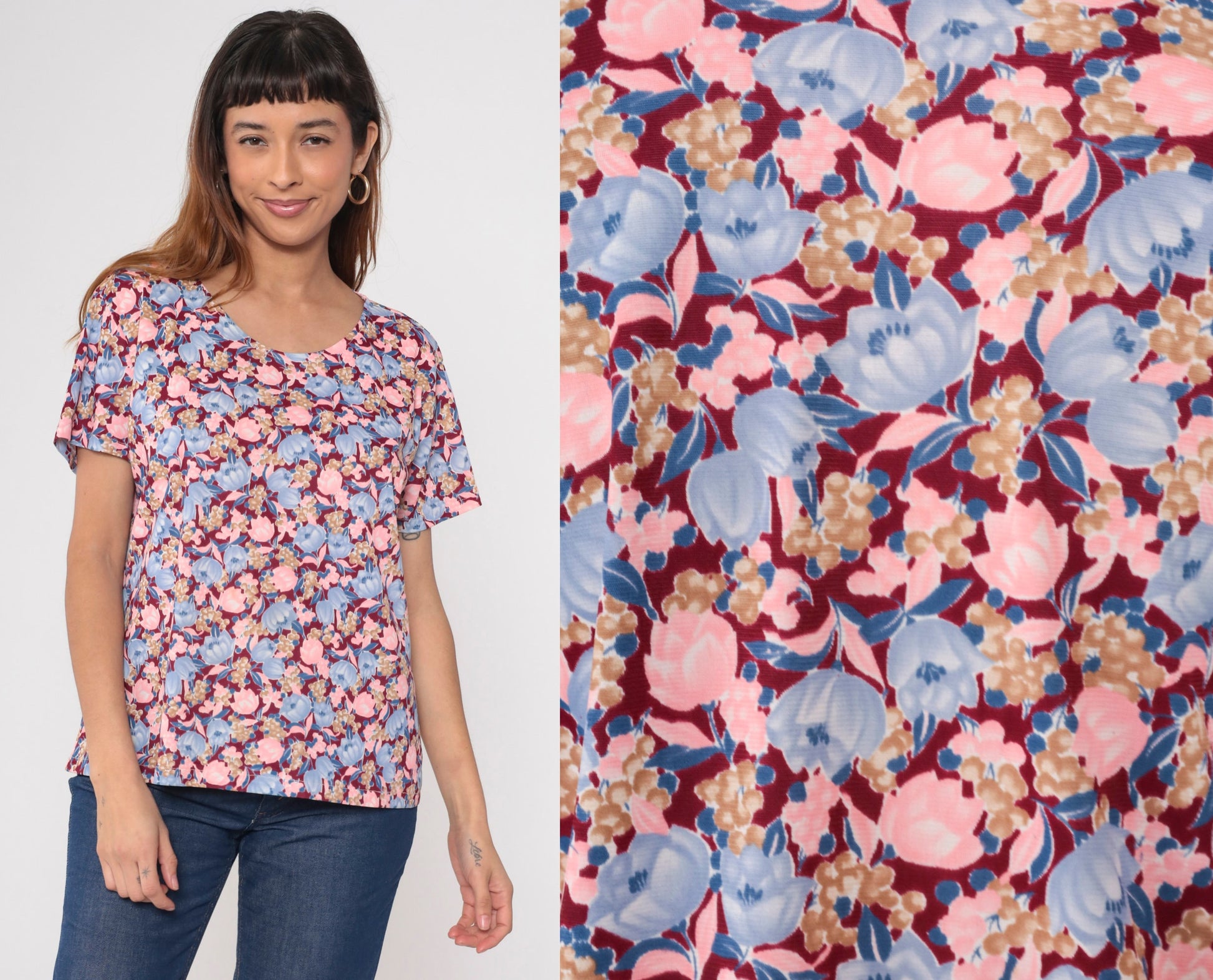 70s Floral Print Blouse Pink Blue Burgundy Short Sleeve Top Large