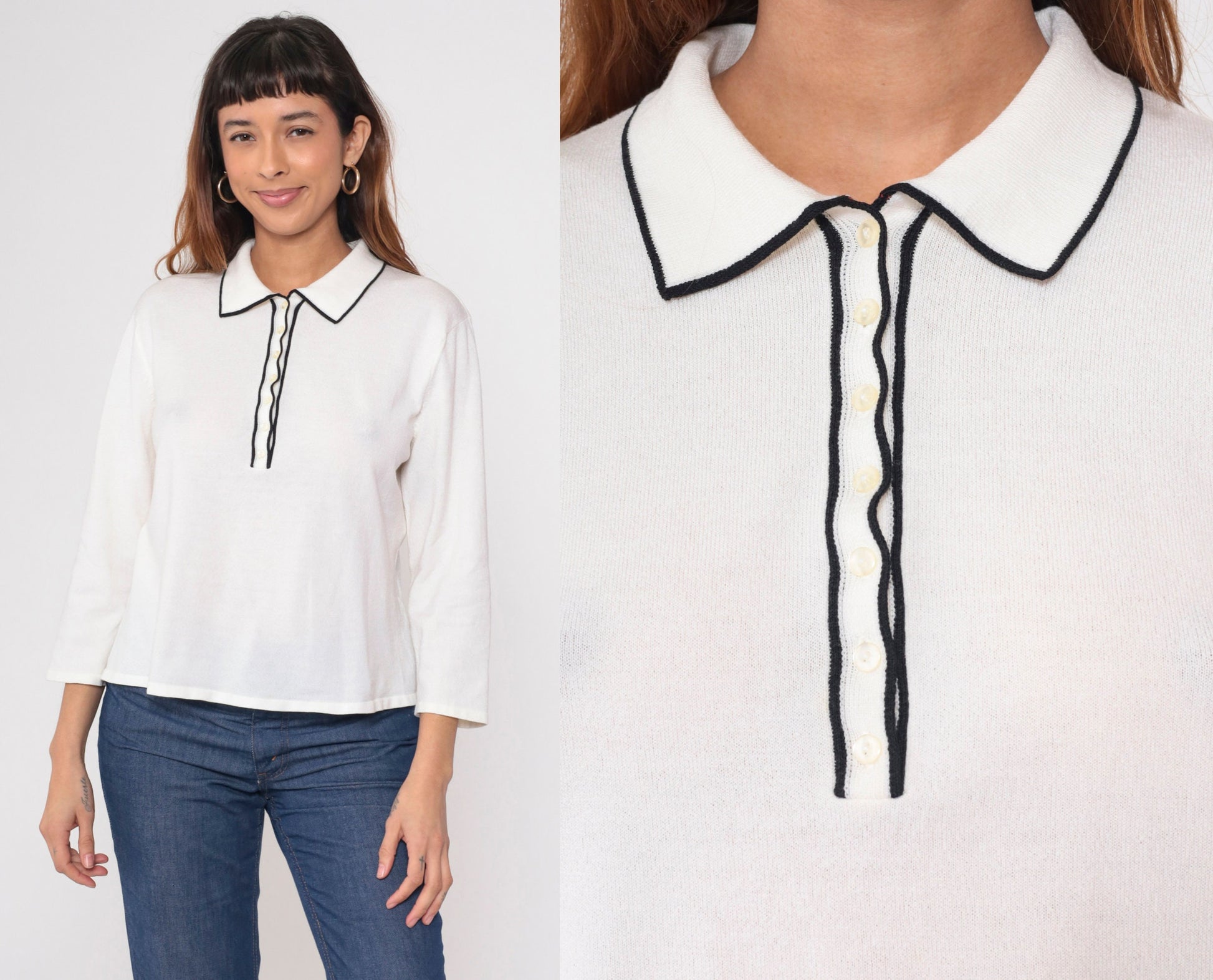 90s White Polo Sweater Black Trim Collared Knit Pullover Medium M