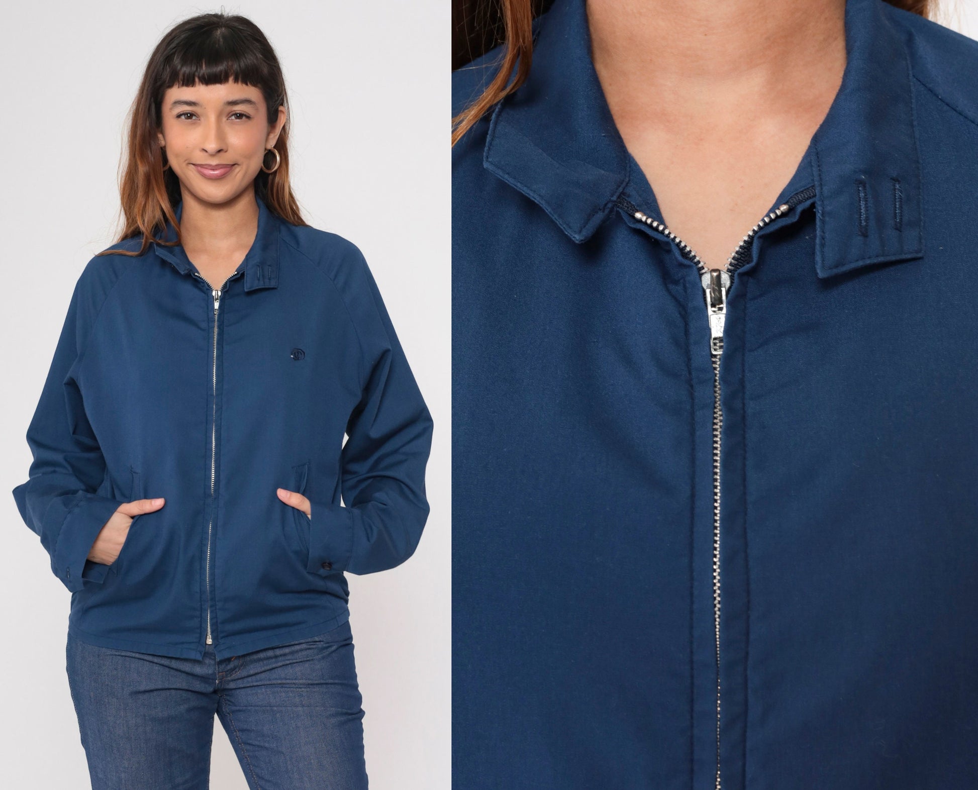 80s Navy Windbreaker Jacket Embroidered Crest Raglan Zip Medium