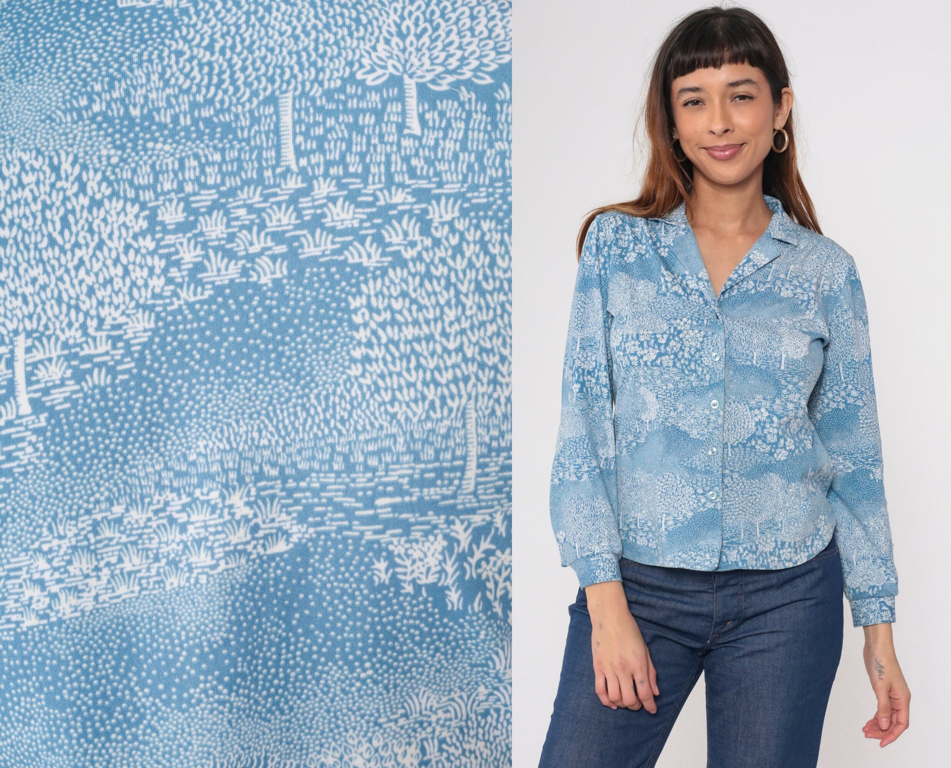 70s Alex Coman Sportswear Tree Floral Print Button-Up Blouse Blue Medium