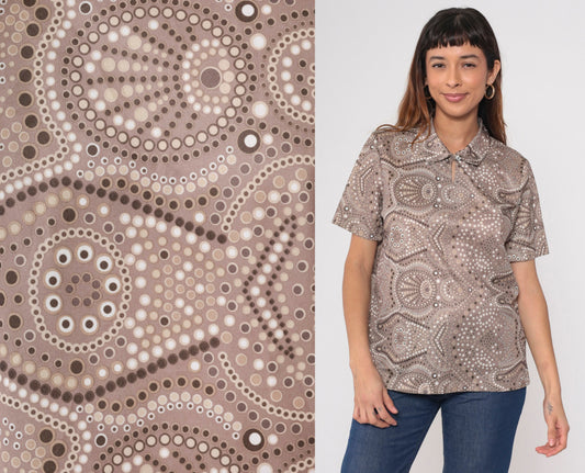 90s Blair Taupe Geometric Dot Blouse Keyhole Neck Short Sleeve Medium M