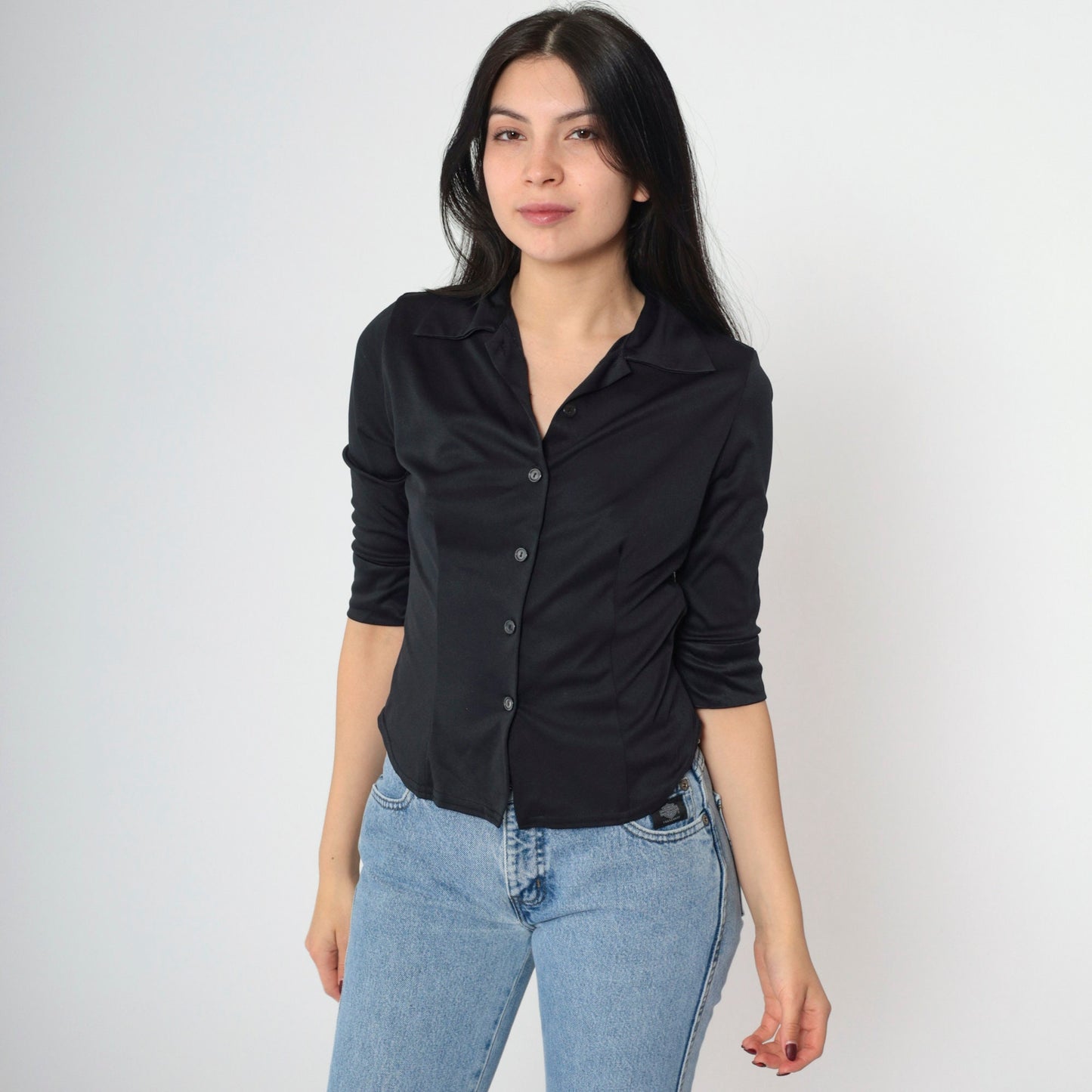 90s Black Button-Up Blouse Half Sleeve Collared Shirt Extra Small