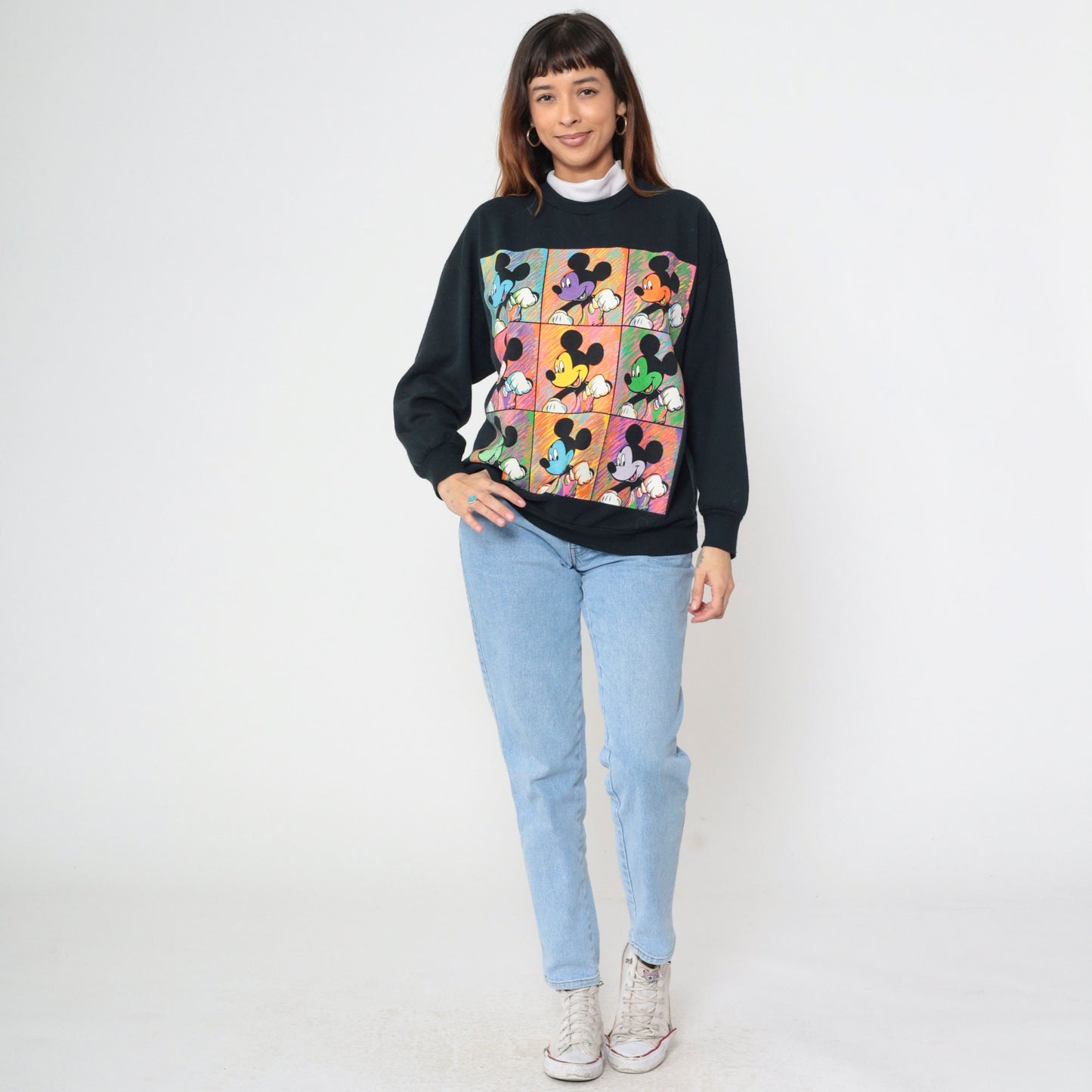 90s Mickey Mouse Turtleneck Sweatshirt Black Disney Embroidered Large