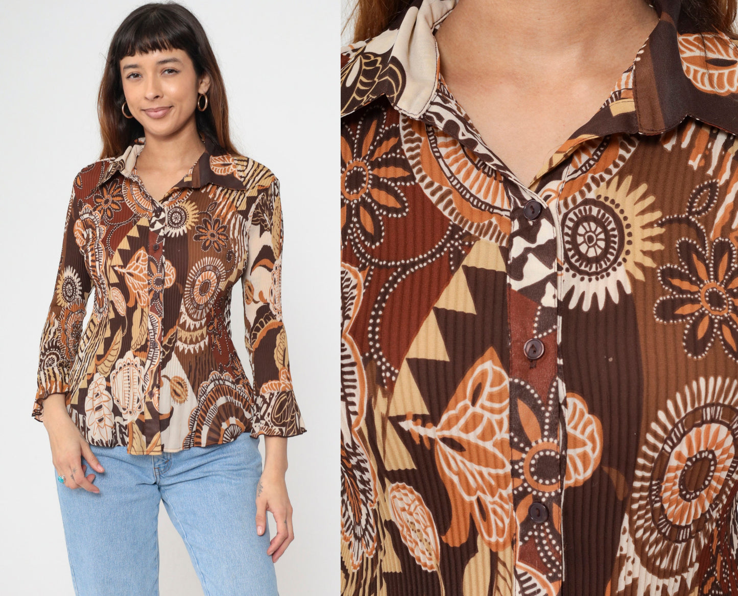 Y2K Brown Patchwork Geometric Floral Button-Up Blouse Bell Sleeve Medium