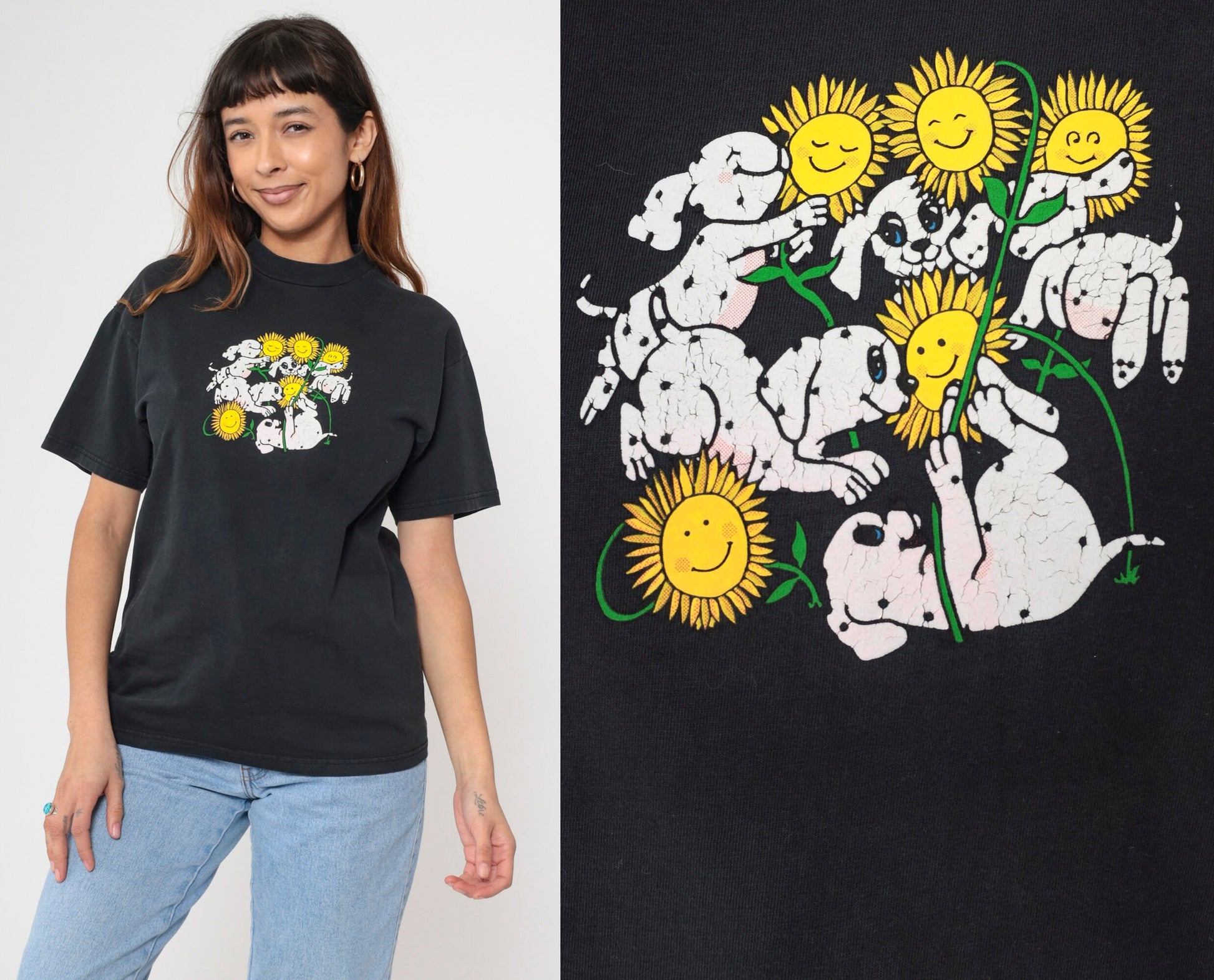 90s Dalmatian Puppy Sunflower Graphic T-Shirt Black Cotton Tee Medium