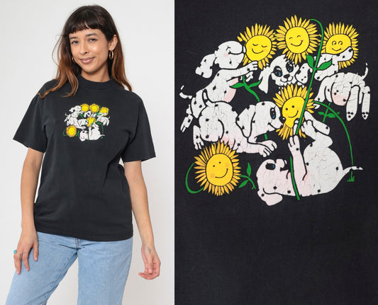 90s Dalmatian Puppy Sunflower Graphic T-Shirt Black Cotton Tee Medium